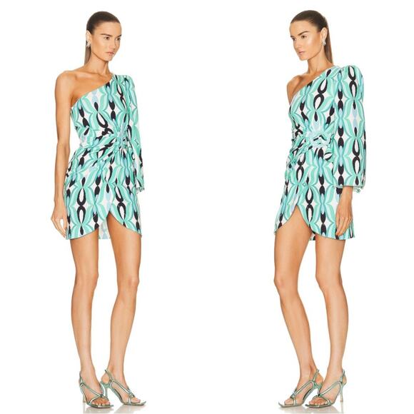 PatBO Twist One Shoulder Ruched Long Sleeve Belted Piscene Blue Mini Dress Sz 4 - Picture 4 of 10